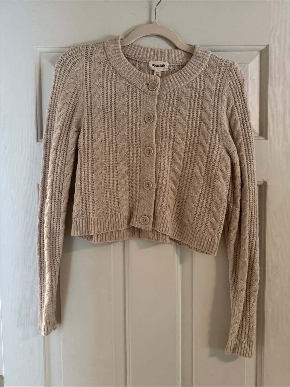 Open Edit Cream Cable-Knit Button-Front Sweater